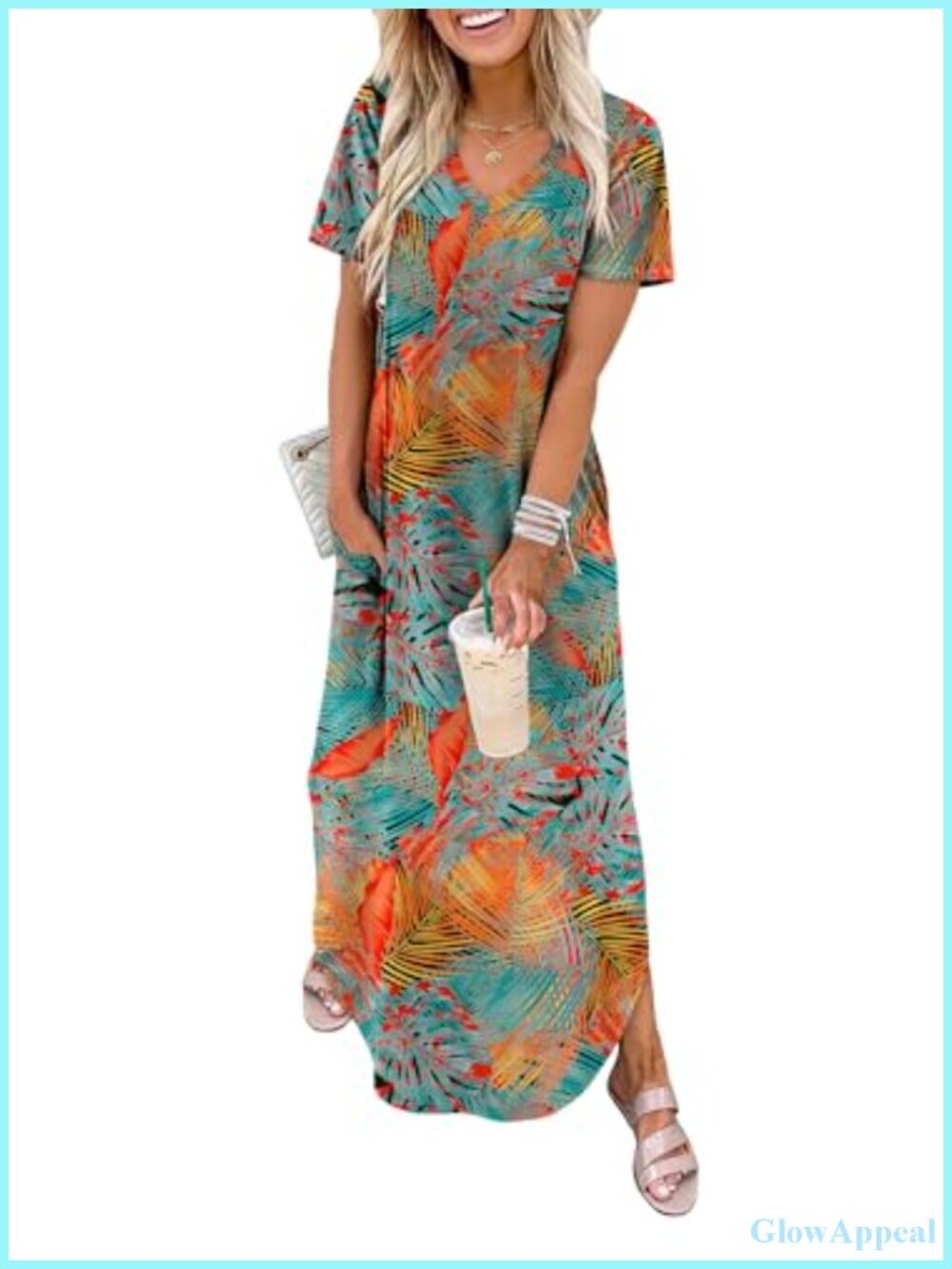 Women's Summer Maxi Dress with Pockets Short Sleeve V-Neck Casual Beach Vacation